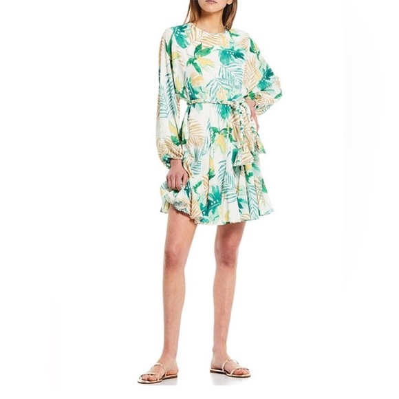 Gianni Bini Tropical Palm Leaf Print Flowing Mini Dress, Size Small - Picture 1 of 11
